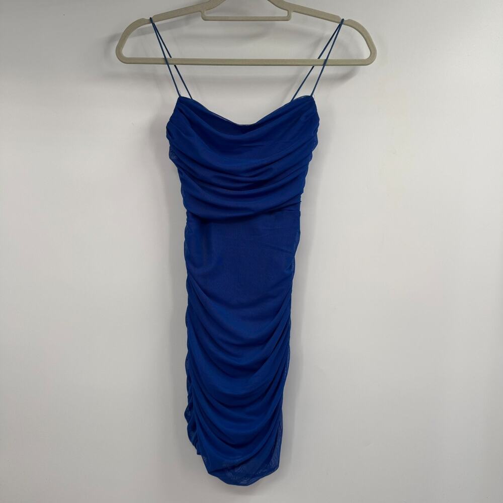 Princess Polly Mini Dress Womens 2 Blue Ruched Mesh Strappy Bodycon Stretch Zip